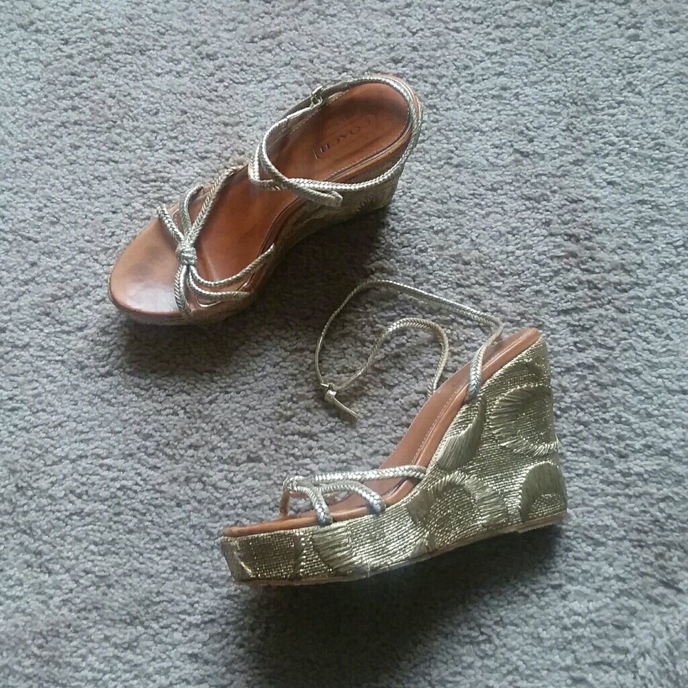 Coach Gold Gilt Leather Woven Rattan Wicker Wedges